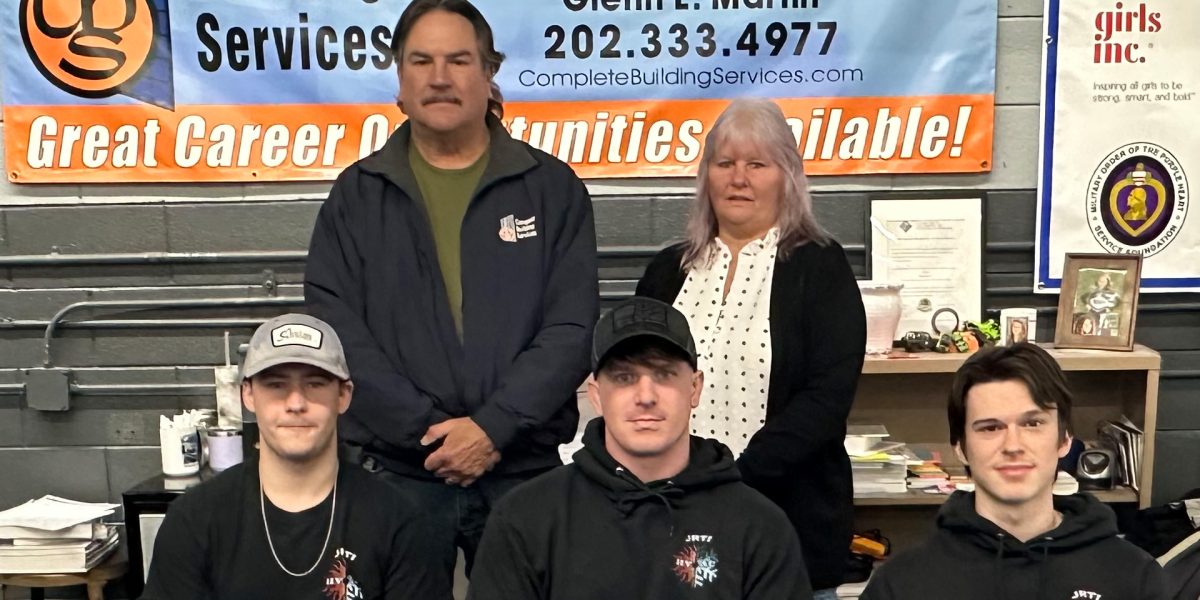 Congratulations to Garrett Kyner, Isaac Reed, and Tyler Serdula who signed with Complete Building Services. Pictured in back are Glenn Martin and Rebecca Nelson.